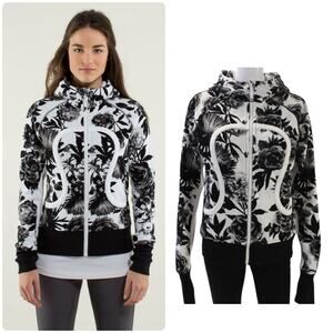 Lululemon Scuba Hoodie Stretch Brisk Bloom Black White Print Full Zip Size 10
